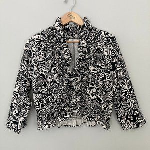Cato XL Black and White Floral Print Open Front Long Sleeve Top
